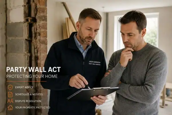 Party wall surveyor Wiltshire discussing extension plans with homeowner outside a UK semi-detached house.